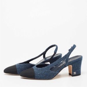 Chanel Navy Blue/Black Tweed And Canvas Cap Toe Slingback shoe.